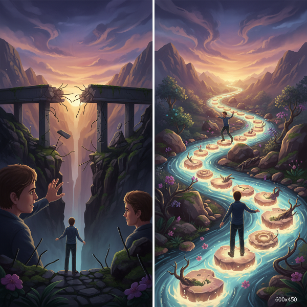 אדם עומד בצומת דרכים סימבולי, שבו מכשולים יכולים להפוך לדרך קדימה. הנוף משתנה ומציג פרספקטיבות מרובות, ומסמל גמישות מחשבתית והפיכת אתגרים להזדמנויות.