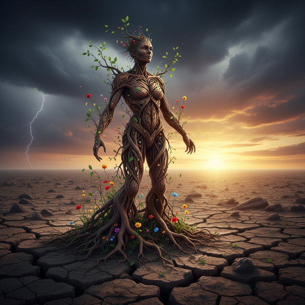 דמות אנושית עשויה משורשים וענפים צומחת מתוך נוף סוער וסדוק אל עבר זריחה חמה, כסמל לצמיחה והתחדשות לאחר משבר.