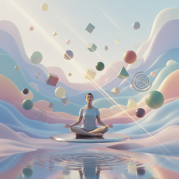 דמות שלווה במדיטציה בתוך נוף מופשט ומאוזן, עם צורות גיאומטריות צפות המייצגות רגשות. צבעים רכים והרמוניים עם קרני אור עדינות, המסמלות שלווה פנימית ובהירות רגשית.