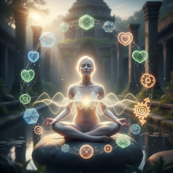 אדם בשלווה במדיטציה עם הילה זוהרת, מוקף בצורות גיאומטריות מרחפות המייצגות מחשבות, רגשות ופעולות בהרמוניה.