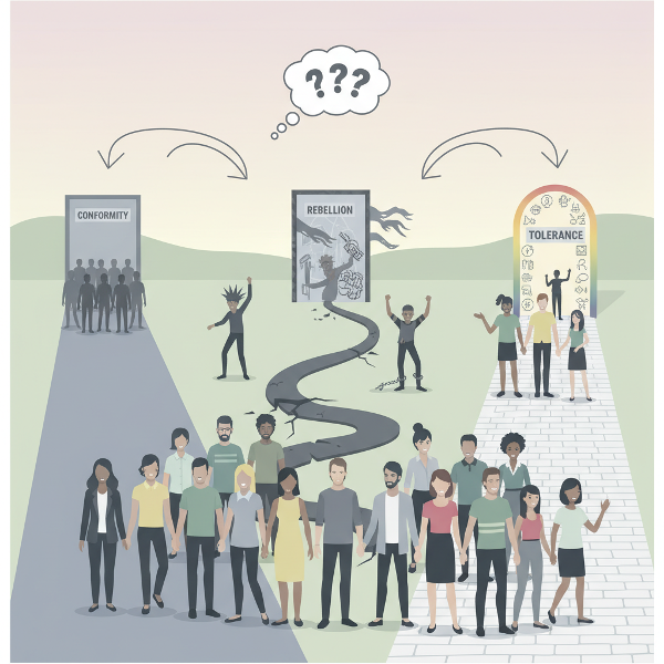 קבוצה מגוונת של אנשים עומדת בצומת דרכים עם שלוש דלתות סימבוליות, המייצגות בחירות חברתיות שונות, באיור מודרני ונקי.