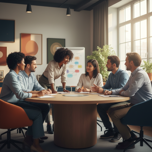 קבוצת אנשי מקצוע מגוונת משתפת פעולה במשרד מודרני, מדגימה הקשבה פעילה ואמפתיה. האווירה חמה ומזמינה, עם דגש על הבעות פנים ושפת גוף שמעבירות אמון וחיבור.