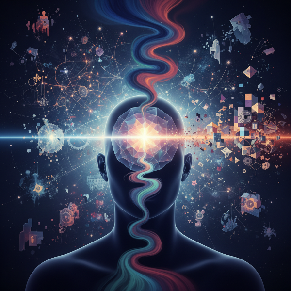 איור סוריאליסטי של ראש אדם כפריזמה המפצלת חוויה לשלושה נתיבים: ישיר, מעובד רגשית ומובנה, על רקע רשתות עצביות ושברי מציאות.