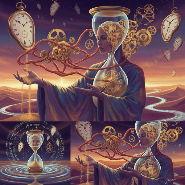 תמונה סוריאליסטית של אדם האוחז בחול הזמן ההופך לגומי נמתח, בעוד דמות אחרת רוקדת בהרמוניה עם גלגלי שעון צפים. הסצנה ממחישה תפיסות זמן שונות - בריחה, מתיחה וריקוד.