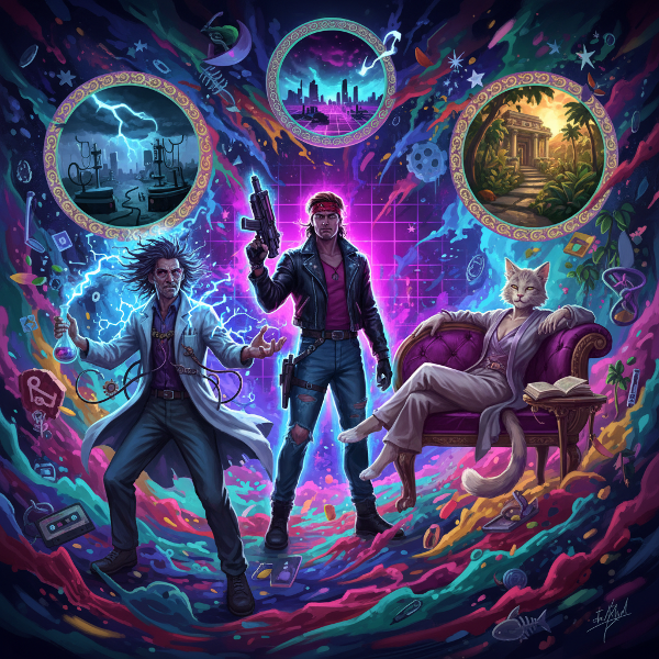 איור סוריאליסטי דיגיטלי של אדם עם גרסאות חלופיות רבות הבוקעות ממנו, כולל מדען מטורף, דמות מסרט שנות ה-80 ואדם-חתול, על רקע צבעים פסיכדליים ואטמוספירה חלומית.