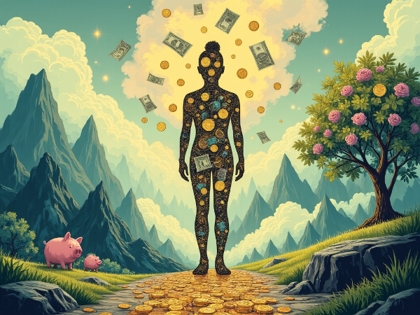 איור סוריאליסטי של דמות אנושית שסילואטה שלה מלאה בסמלים פיננסיים מרחפים, עומדת בצומת דרכים עשויות מטבעות ושטרות, בנוף פסיכולוגי של כסף.