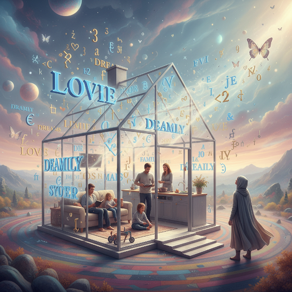 בית שקוף שבו רואים דמויות משפחתיות, עם מסרים וסמלים מרחפים באוויר - חלקם ברורים וחלקם מעורפלים. אדם בוגר עומד מחוץ לבית ומתבונן במסרים, שחלקם מתפוגגים וחלקם הופכים לפרפרים.