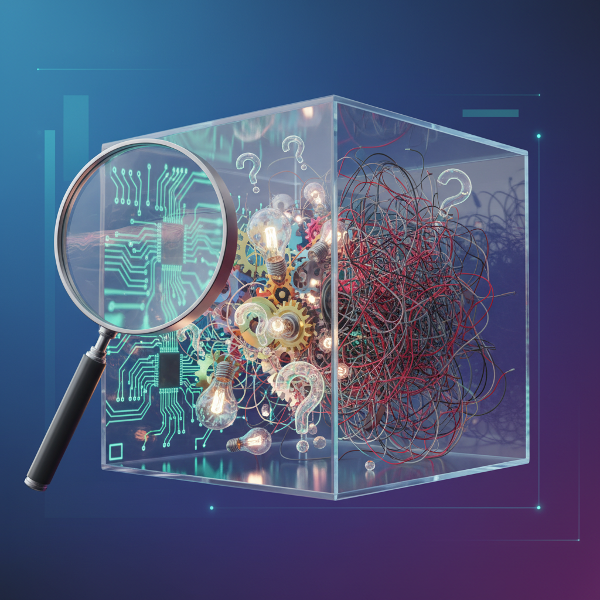 תמונה קונספטואלית של ראש אנושי כקוביית זכוכית שקופה, המלאה בגלגלי שיניים צבעוניים, נורות וסימני שאלה, הממחישה את המורכבות וההטיות של תהליכי החשיבה.