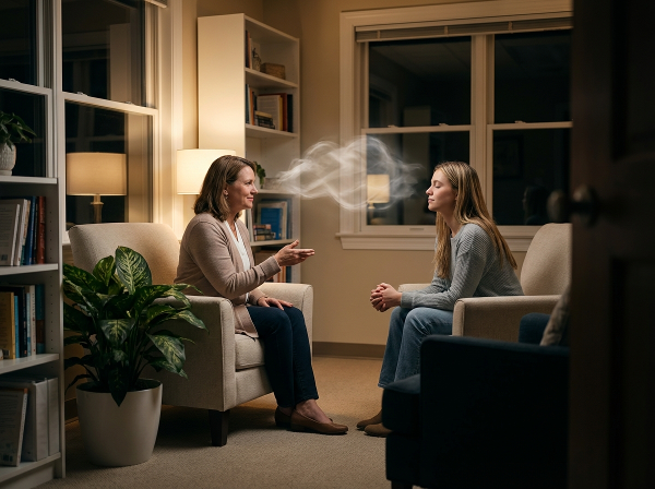 תמונה של מטפלת מייצבת מטופלת באמצעות ויזואליזציה של משאבים פנימיים, תוך כדי עבודה עם זיכרונות מעורפלים בצורה בטוחה.