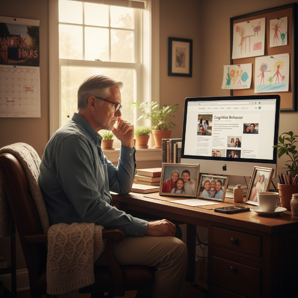 אב מבוגר במשרד ביתי, בין מסך המחשב לעבודה לבין תמונות המשפחה, מבטא את המתח בין מחויבות מקצועית לצרכים משפחתיים.