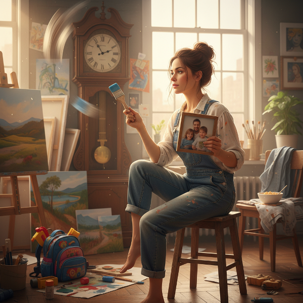 אמנית בשנות ה-40 לחייה עומדת בצומת דרכים בין הקריירה האמנותית החדשה שלה לבין חיי המשפחה, כשהיא אוחזת במכחול ובתמונה משפחתית.