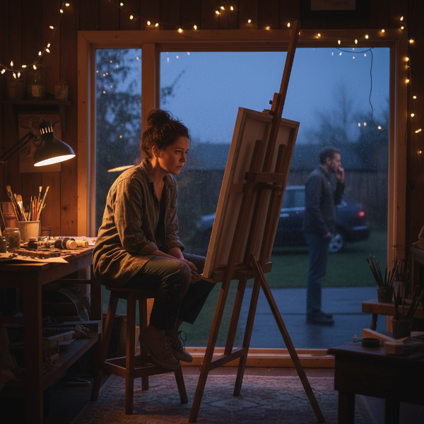 אמנית בסטודיו ביתי חווה משבר יצירתי ובדידות, בעוד בעלה מתרחק פיזית ורגשית במכונית מחוץ לבית.