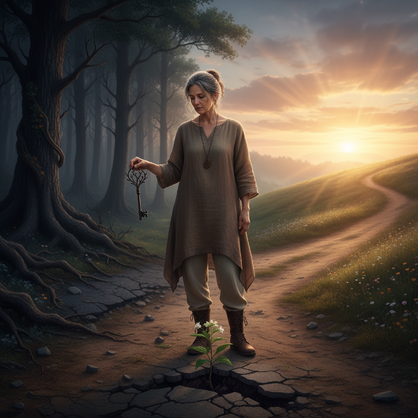 אישה מבוגרת עומדת בצומת דרכים, מחזיקה מפתח לצד צמח קטן שצומח, ומביטה לעבר אור השמש - סמל לתהליך ההחלמה ובניית האמון מחדש.