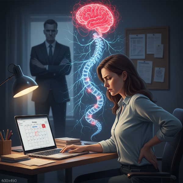 אישה סובלת מכאבי גב בערב ראשון מול המחשב, עם דמות מעורפלת של מנהל ביקורתי ברקע, הממחישה את הקשר בין לחץ נפשי לכאב פיזי.