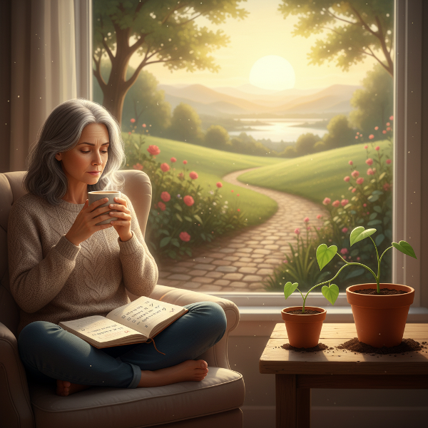 אישה בת 52 יושבת ליד חלון עם יומן פתוח, המסמל התבוננות פנימית ותכנון של שינויים קטנים, בעוד הנוף מחוץ לחלון מציג מעבר הדרגתי מעולם מוכר אל הזדמנויות חדשות.
