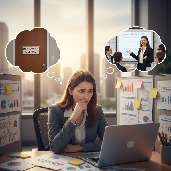 אישה צעירה בעבודה חוששת מקידום אך מדמיינת את עצמה מצליחה. התמונה ממחישה את הקונפליקט הפנימי בין פחד לביטחון עצמי.