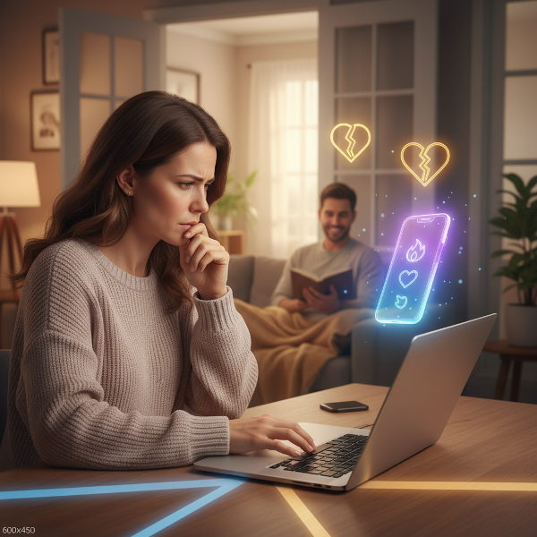 אישה צעירה מול מחשב בעיצומה של התלבטות פנימית עמוקה בין זוגיות יציבה לסקרנות מינית חדשה, בסביבה ביתית חמה אך מתוחה.