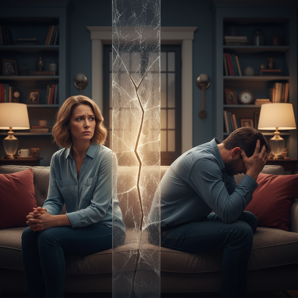 אישה מביטה בכאב לעבר בן זוגה המסתגר, עם קיר שקוף המסמל ריחוק רגשי וסדק אור קטן של תקווה.