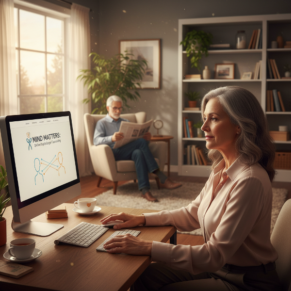 אישה בת 59 מול המחשב במשרד הביתי, משקפת התלבטות בין הצלחה מקצועית לריקנות רגשית וריחוק בזוגיות ארוכת השנים, עם רמזים לתקווה לחיבור מחודש.