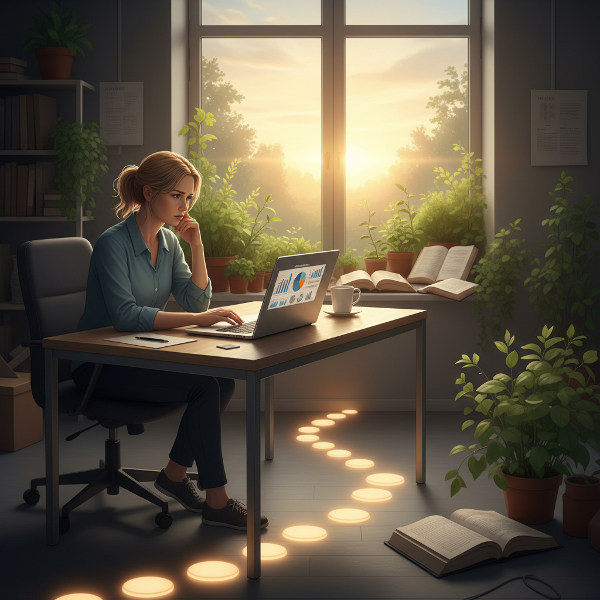 אישה בת 38 בעלת הבעה עייפה יושבת ליד שולחן עבודה מודרני, מביטה בדרך של אבני דריכה קטנות וזוהרות המובילה מחוסר אתגר אל עבר חלון עם זריחה, צמחים וספרים פתוחים.