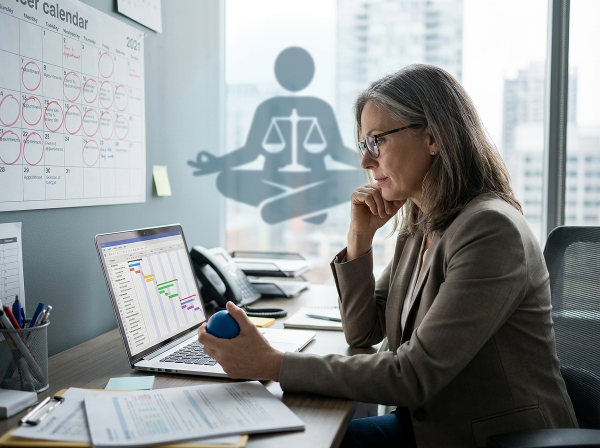 אישה בת 53 בסביבת עבודה מודרנית, מביטה במסך עם תרשימי ניהול פרויקטים ומרגישה מוצפת. בידה כדור לחץ ולוח שנה עמוס בפגישות נראה ברקע, עם דימוי עדין של איזון בין עבודה לחיים אישיים.