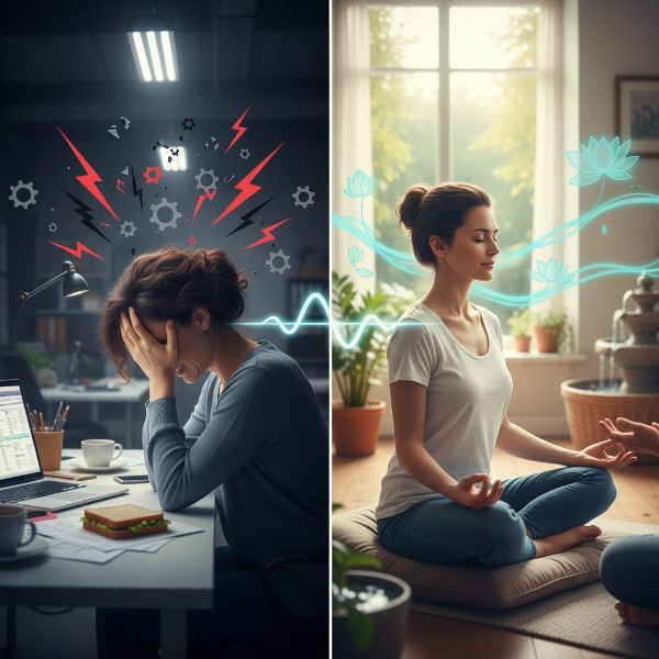 אישה במשרד סובלת מכאב ראש עקב לחץ, לצד סצנה של טיפול פסיכוסומטי המראה הקלה והרפיה.