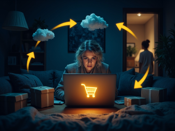 אישה מבוגרת בחדר מואר חלקית, מוקפת בחבילות קניות לא פתוחות, יושבת מול מחשב ומרגישה לכודה במעגל של לחץ, קניות, הקלה רגעית ואז אשמה וחרדה.