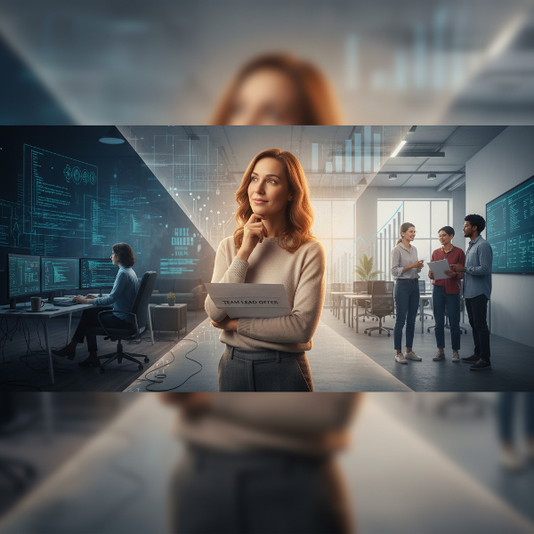 אישה מתכנתת עומדת בצומת דרכים, מחזיקה מכתב קידום לתפקיד ניהולי, כשהיא מתבוננת בשתי אפשרויות הקריירה שלה.