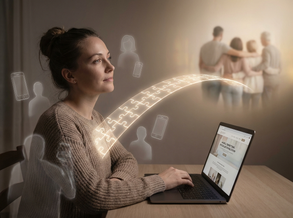 אישה בת 40 ליד מחשב, מוקפת בדמויות שקופות המייצגות בדידות, ובונה גשר של חיבור רגשי לעבר קרבה אמיתית.