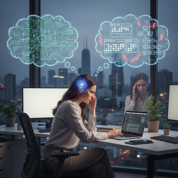 אישה במשרד חווה תסמיני לחץ גופניים תוך כדי התלבטות בין תפקיד ניהולי חדש לקריירה הטכנית הקודמת שלה.