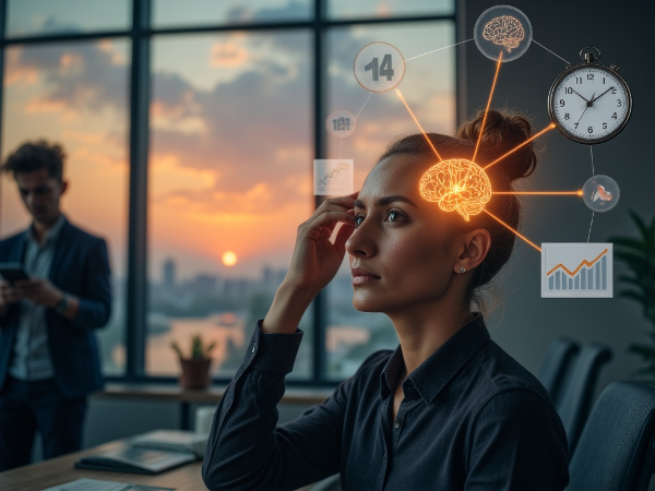 אישה במשרד מודרני מוקפת בסמלי לחץ כמו שעון וגרפים, עם קו אור המחבר בין ראשה לדמות מתוחה, וחלון המציג נוף שלווה ברקע.