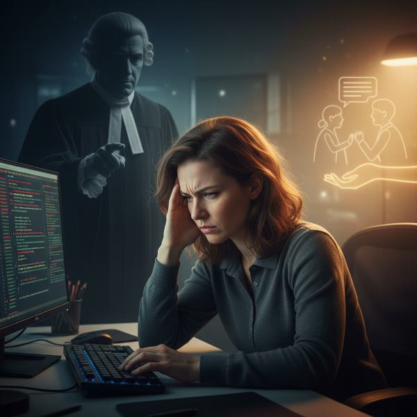 אישה צעירה נאבקת בביקורת עצמית קשה מול מסך המחשב, עם דמות שופט מאיימת ברקע ואור רך של חמלה המתחיל לבקוע.