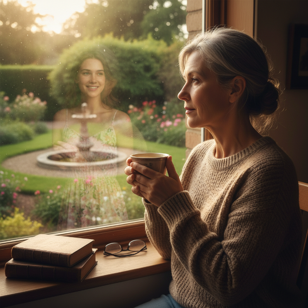 אישה מבוגרת עומדת ליד חלון, עם השתקפות עדינה של דמותה הצעירה, המסמלת את המסע בין העבר להווה.