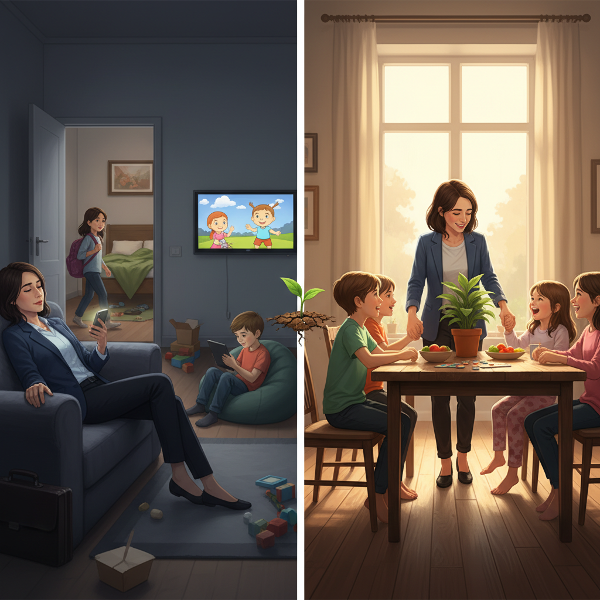 איור המראה אם עייפה מול מסכים לצד ילדיה, מול סצנה משפחתית מחוברת יותר, הממחיש את המסע לאיזון בין קריירה לאמהות.