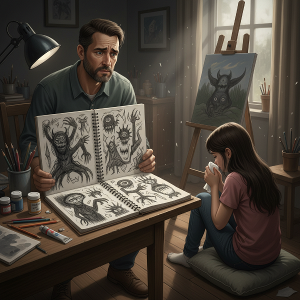 אב מודאג מתבונן בסקצ'ים אפלים במחברת פתוחה, בעוד בתו בת ה-12 יושבת עם הגב אליו ובוכה, בסביבה של חומרי אמנות ואווירה מתוחה.