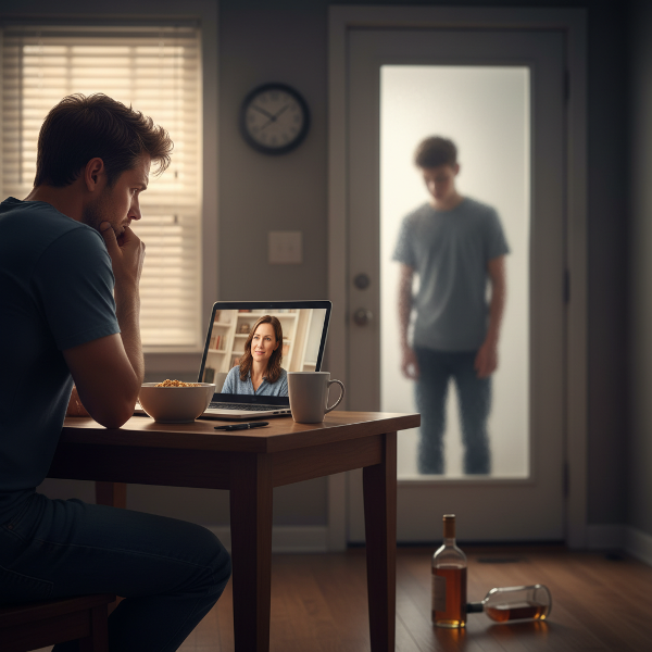 אב מודאג מול מחשב בייעוץ מקוון, בעוד דלת חדר נעולה של בנו הנער מסמלת את הריחוק והמשבר המשפחתי.