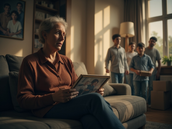 אם מודאגת יושבת בסלון ומביטה בתמונת משפחה, בעוד דמותו של בנה האמצעי נראית כשהוא עוזב את הבית, מה שממחיש את חששותיה וחוסר האונים שלה.