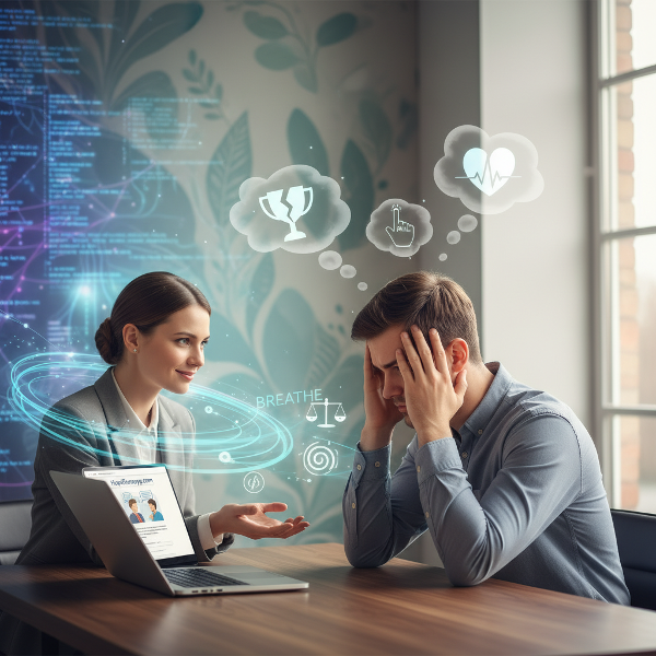 איש צעיר מודאג מול מחשב, עם מחשבות טורדניות, משוחח עם פסיכולוגית רגועה המסמלת טכניקות הרגעה ואיזון.