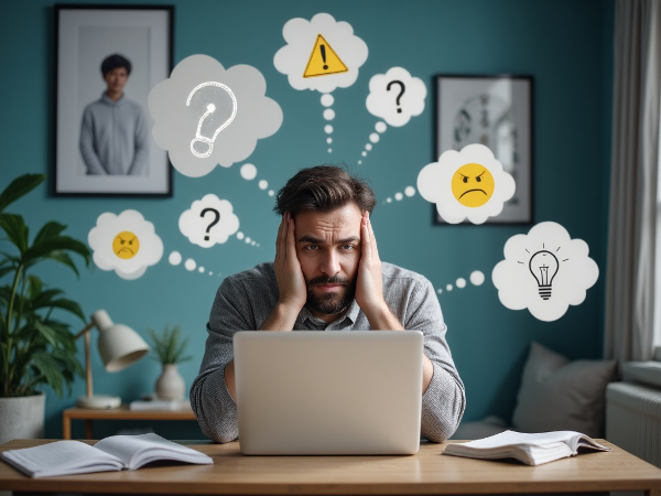 גבר צעיר במשרד ביתי, לחוץ מול המחשב עם פלטפורמת הייעוץ שלו, מוקף בסמלים של לחץ וכעס, עם דמות תומכת ברקע המחשבה.