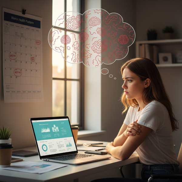 צעירה יזמת חווה גירוד פסיכוסומטי בזרועה לפני פגישת משקיעים, מול מחשב עם פלטפורמת הייעוץ שלה.