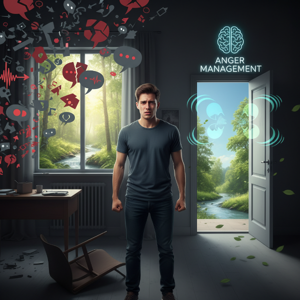 אייל בן ה-19 נראה במצוקה עם אגרופים קפוצים בחדר עם סמלי תקשורת שבורה, בעוד אלמנטים מרגיעים כמו נשימות עמוקות ודלת פתוחה לטבע מופיעים ברקע, הממחישים סערה רגשית ודרך לניהול כעסים.