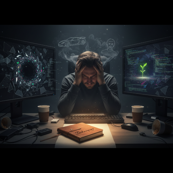 גבר צעיר מול מחשב, בין עולם דיגיטלי שבור לניצן של תקווה, מוקף בזיכרונות טראומטיים מעומעמים, עם אור מנחה המציע דרך קדימה.