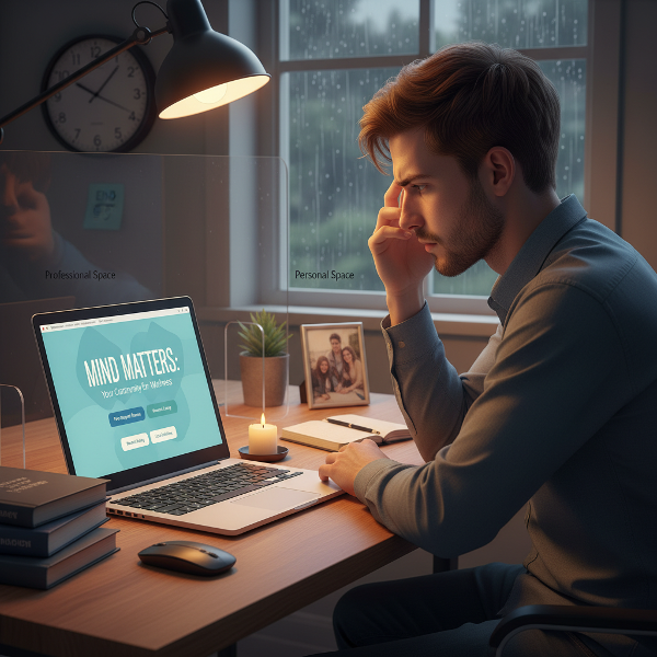 צעיר בן 18 מול מחשב עם אתר ייעוץ נפשי, מביט במסך עם דאגה ואחריות, בסביבה הממחישה את הקושי בגבולות בין עזרה לאחרים לשמירה על עצמו.