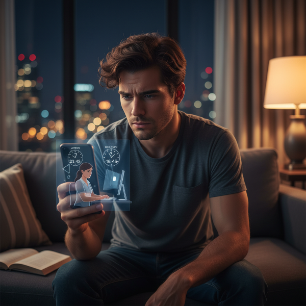 גבר צעיר מודאג יושב בלילה, מביט בטלפון שבו נראה רמז לבחורה העובדת בשעות מאוחרות, במצב המבטא ריחוק ועמימות בזוגיות.