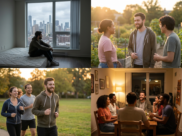 איור של גבר צעיר המרגיש בדידות בעיר חדשה, עם מעבר הדרגתי ליצירת קשרים וחזרה לשגרה.