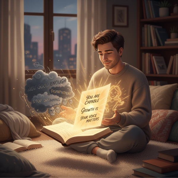 צעיר בן 22 יושב בחדר נוח ומתבונן במחברת זוהרת שמסמלת את מחשבותיו הפנימיות, עם מעבר מעננים כהים של ביקורת לאור שמש של חיזוקים חיוביים ואור תרפויטי חם.