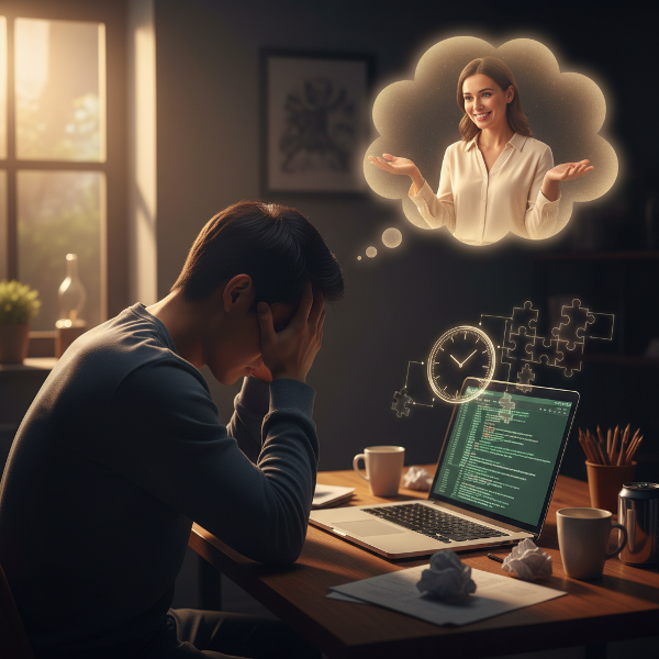 מתכנת צעיר מרגיש כמו מתחזה ולחוץ בעבודתו, מקבל תמיכה והדרכה פסיכולוגית להתמודדות.