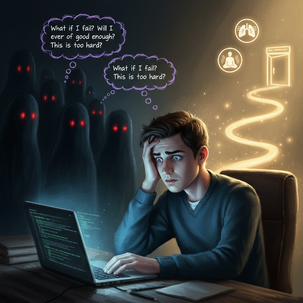 איור דיגיטלי של בחור צעיר מול מחשב בלילה, מוקף בחרדה מחד ובתקווה מאידך, הממחיש את המאבק בין פרפקציוניזם לצמיחה.