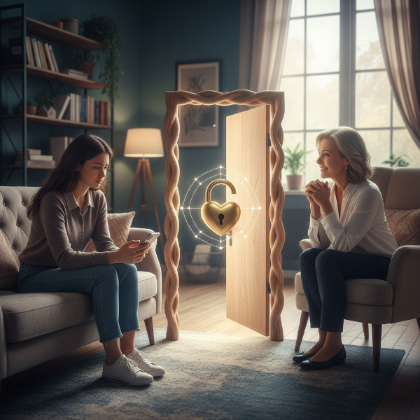 אישה צעירה משוחחת עם פסיכולוגית על רגשות אשמה בזוגיות פתוחה, עם דימוי של דלת פתוחה ונעול לב בין השניים.
