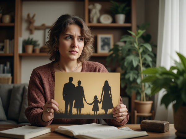 אישה צעירה במלכוד רגשי בין דמויות הוריות מעורפלות לבין דרכה האישית המוארת, בסביבה ביתית עם סמלים של צמיחה וייעוץ.